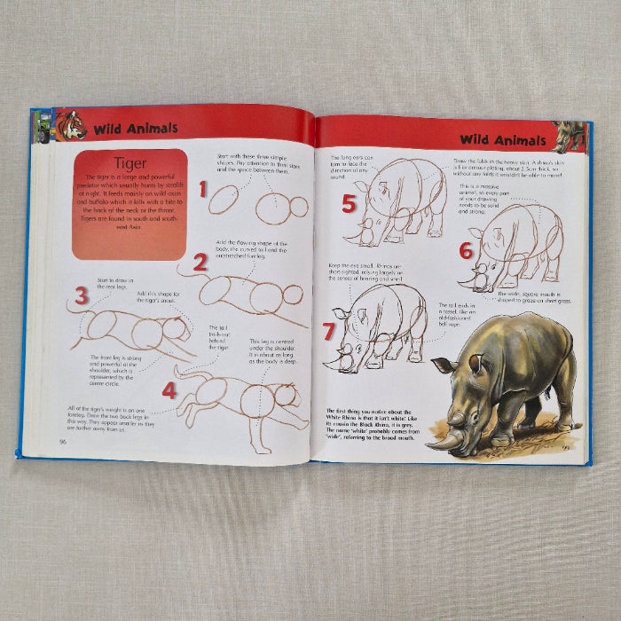 Open book showing illustrations of a rhinoceros and text on a textured surface