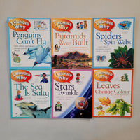 Six children's educational books from the 'Wonder Why' series arranged in a 2x3 grid on a light gray wall. The titles visible are 'Penguins Can't Fly', 'Pyramids Were Built', 'Spiders Spin Webs', 'The Sea Is Salty', 'Stars Twinkle', and 'Leaves Change Colour'.