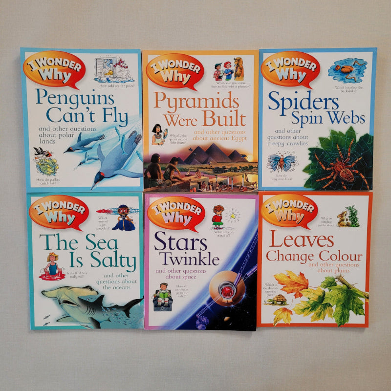 Six children's educational books from the 'Wonder Why' series arranged in a 2x3 grid on a light gray wall. The titles visible are 'Penguins Can't Fly', 'Pyramids Were Built', 'Spiders Spin Webs', 'The Sea Is Salty', 'Stars Twinkle', and 'Leaves Change Colour'.