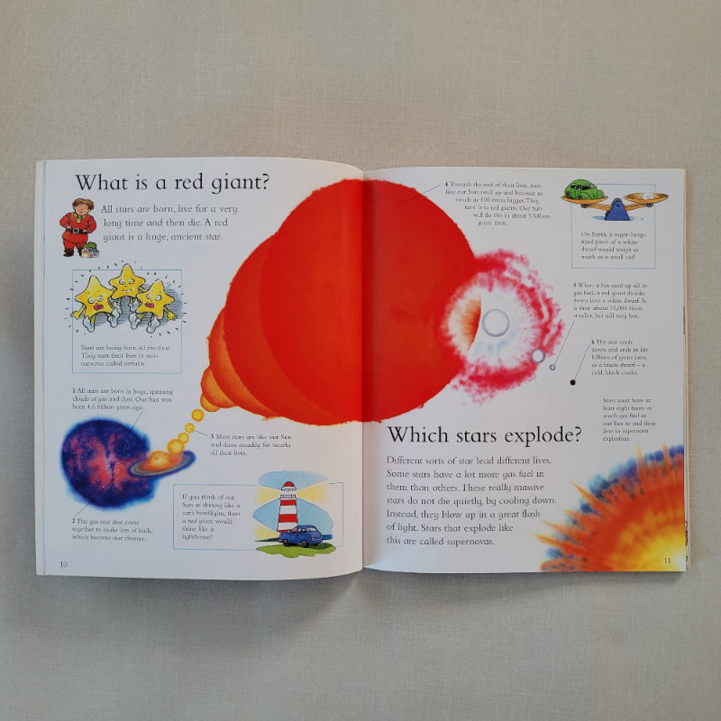 An open children's book spread showing colorful educational pages about space, with a large red circular graphic covering the center of the spread. 