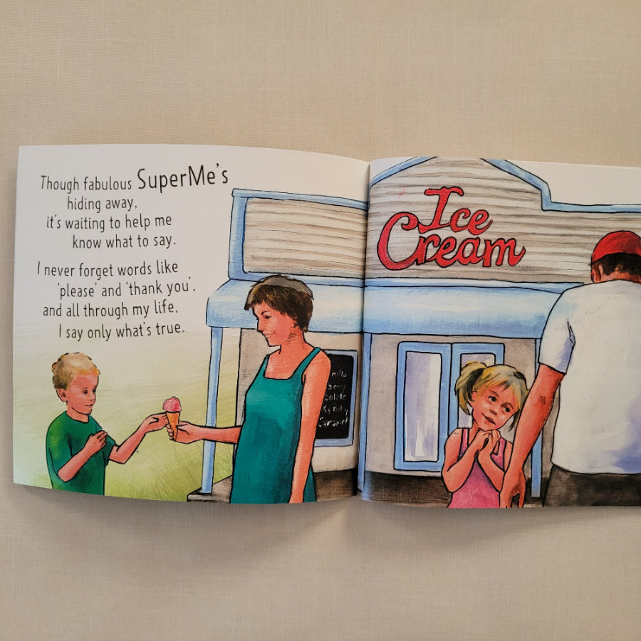 An open children's book showing a colorful illustrated scene with the title 'Ice Cream' and a printed quote about SuperMia. The pages are photographed on a light beige fabric background.