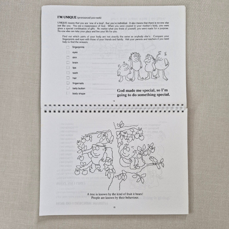 Educational book page with illustrations and text on a beige background