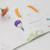 Children's book with illustrations of a hot air balloon, rainbow, and dinosaur on a white background.
