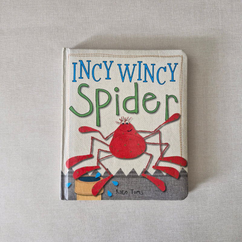 Children's book titled 'Incy Wincy Spider' on a light gray background