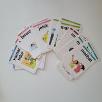 Front side of flash cards depicting indonesian words and a matching picture 