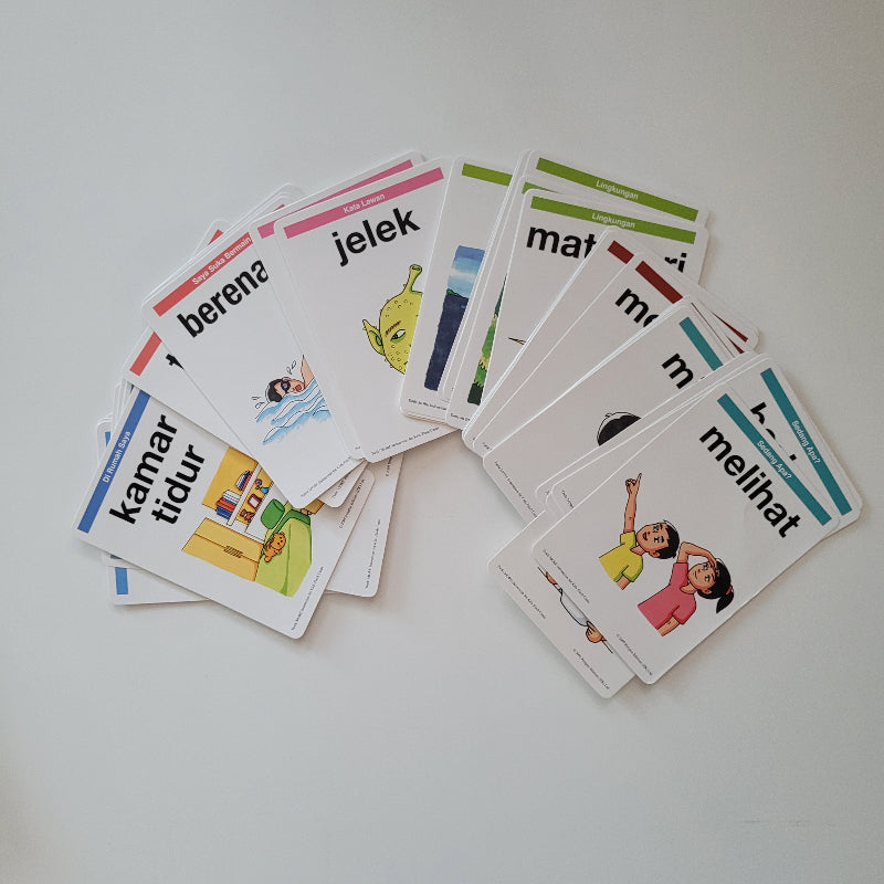 Front side of flash cards depicting indonesian words and a matching picture 