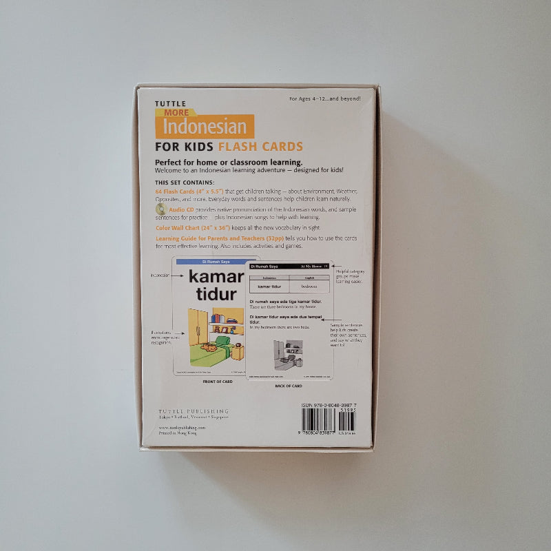 Back cover of a Indonesian Flash card box with instructions and list of contents.