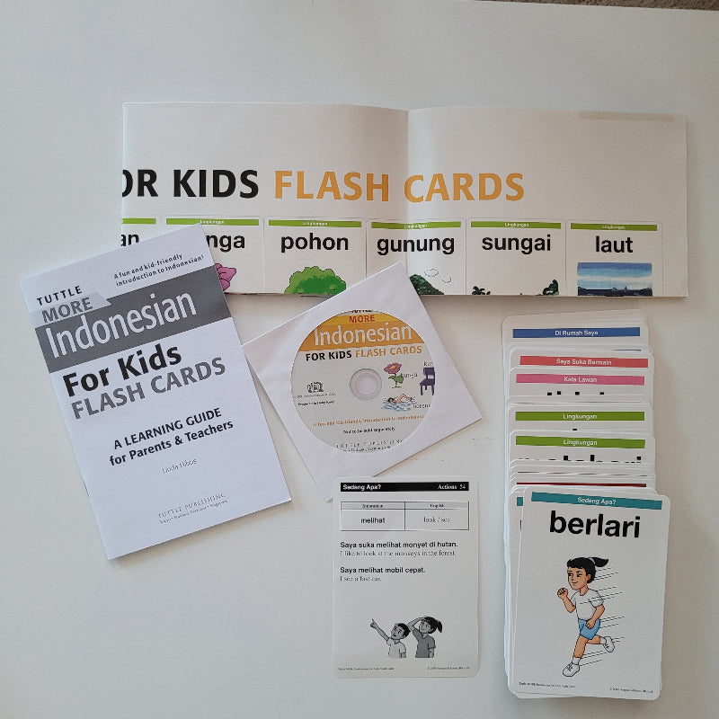 Contents of Indonesian Flashcards Box including a poster, cd, instructions and cards
