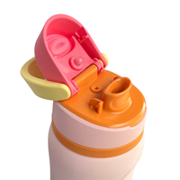 Colorful children's cup with a pink lid and orange spout on a white background