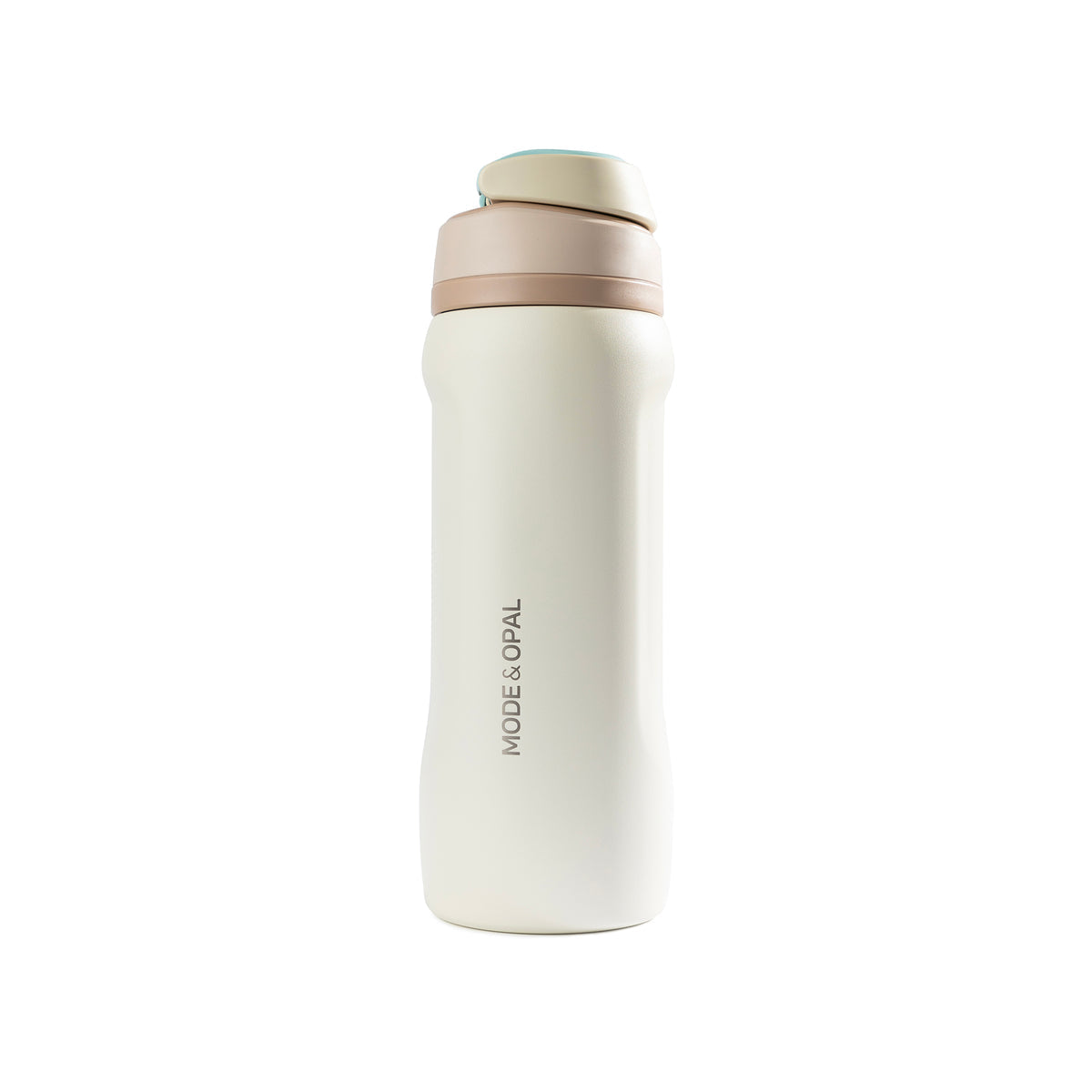 Cream water bottle with pink cap on a white background