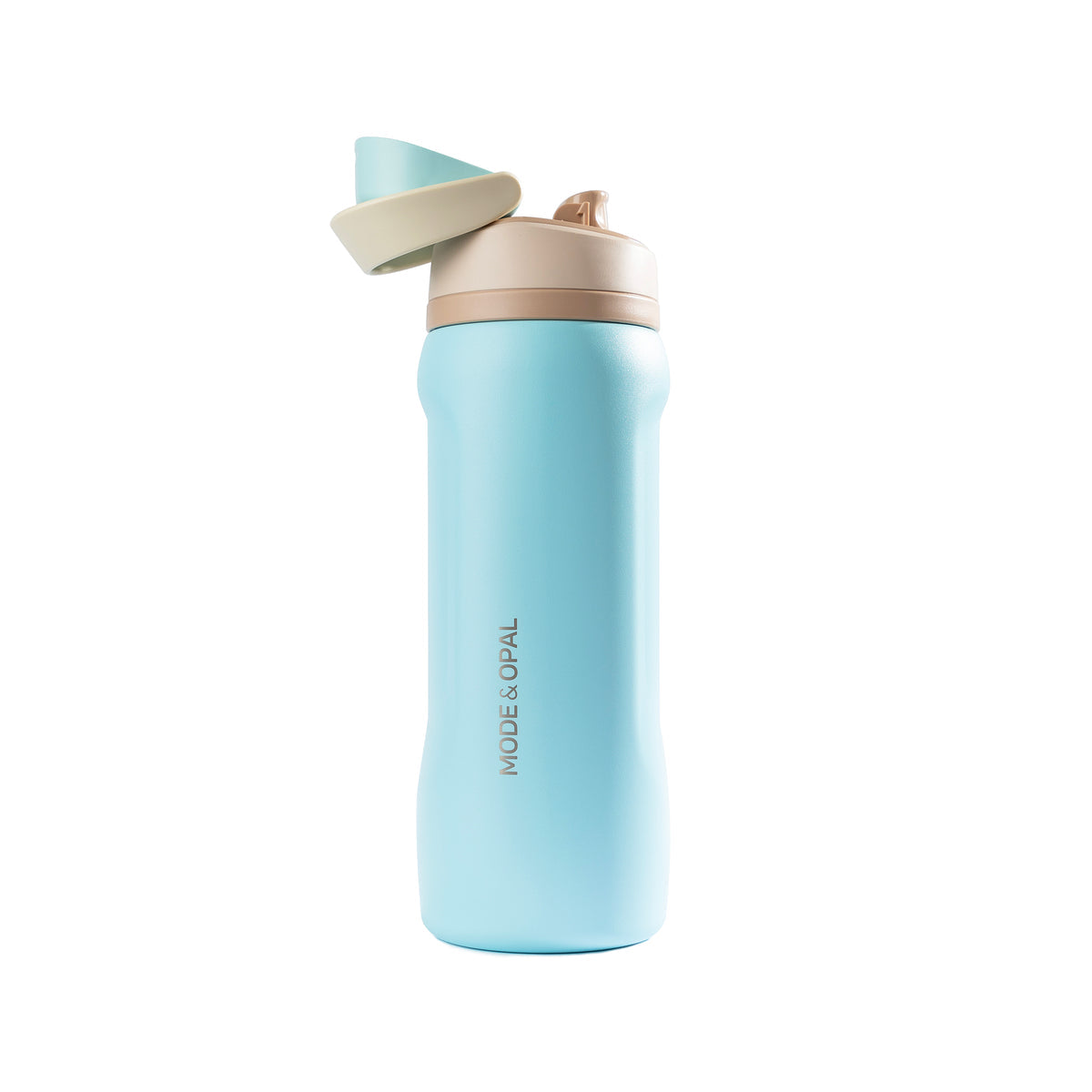 Light blue water bottle with beige cap on a white background
