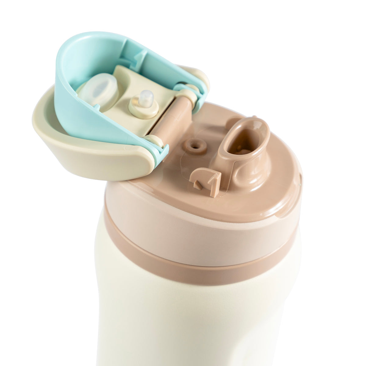 Close-up of a water bottle with a lid and straw attachment on a white background