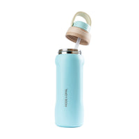 Light blue water bottle with beige cap and straw on a white background