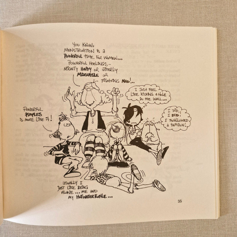 Cartoon strip with characters and text on a beige background