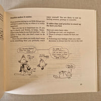 Open book with cartoon illustrations of a person and a cat on a textured fabric background