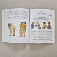 Open book with illustrations and text about decisions a textured surface