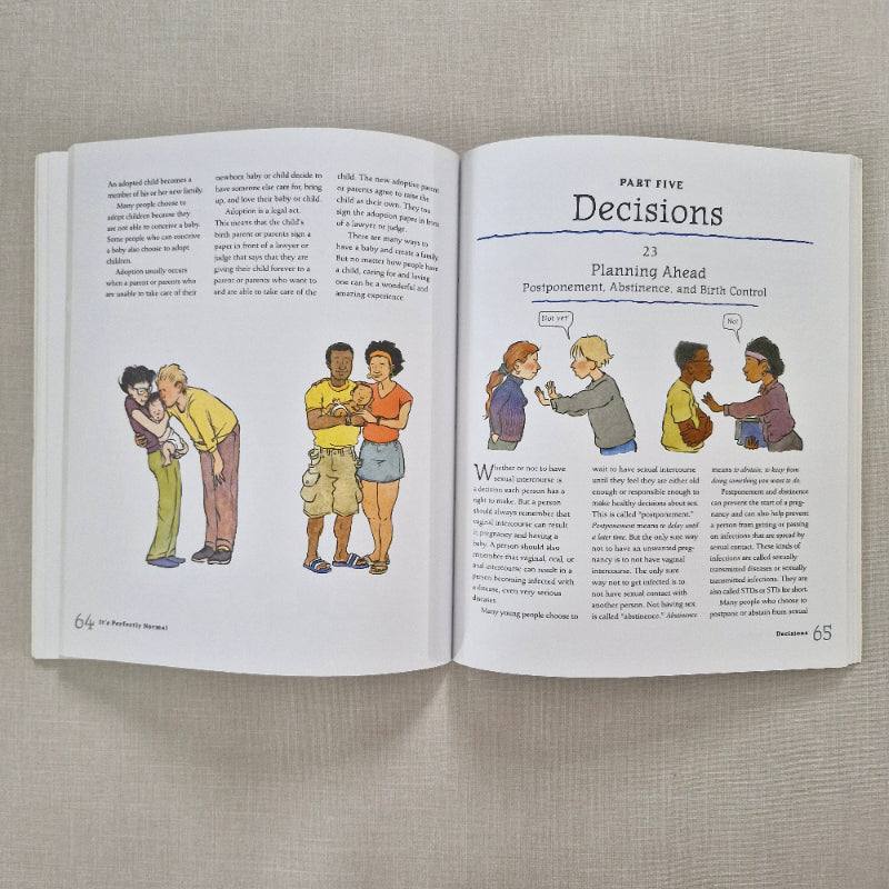 Open book with illustrations and text about decisions a textured surface