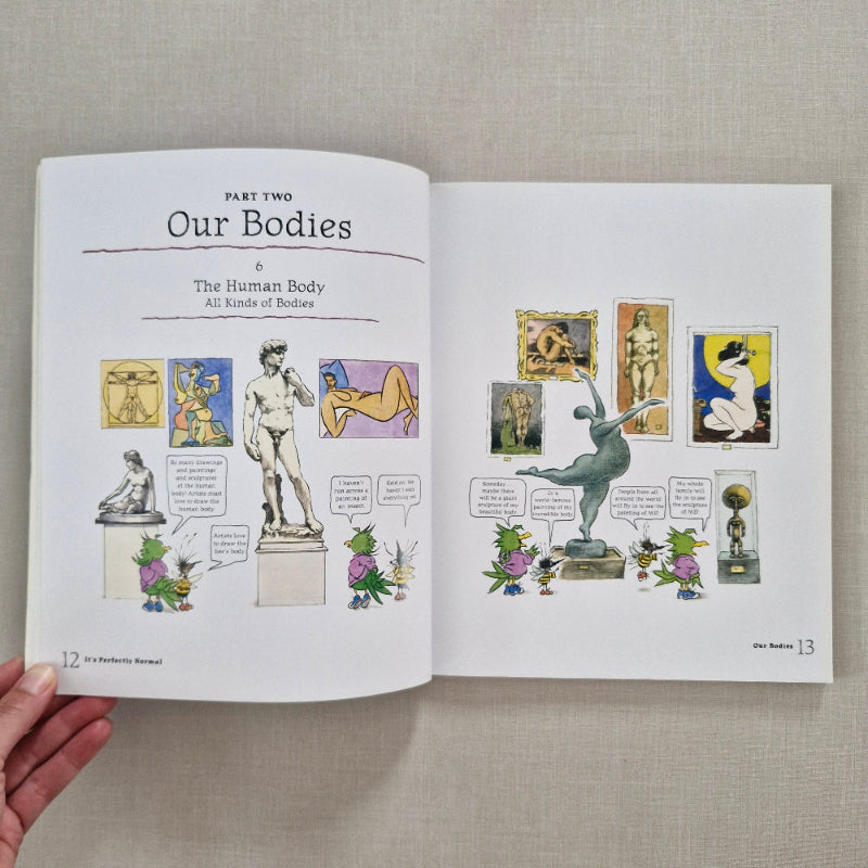 Open book with illustrations and text our bodies