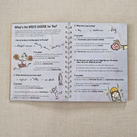 Wiro-bound personality book with illustrated pages on a textured beige surface
