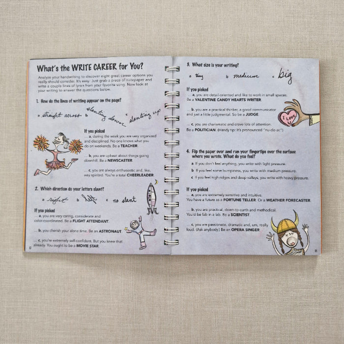 Wiro-bound personality book with illustrated pages on a textured beige surface