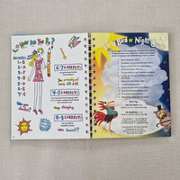 Open book with colourful illustrations and text on a textured surface