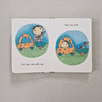 Open book page with illustrations of a child and a car on a textured surface