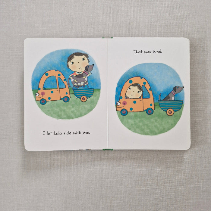 Open book page with illustrations of a child and a car on a textured surface