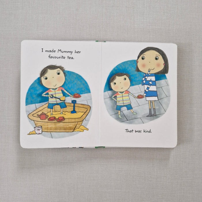 Illustrated book with two circular illustrations of a child and an adult on a gray fabric background.