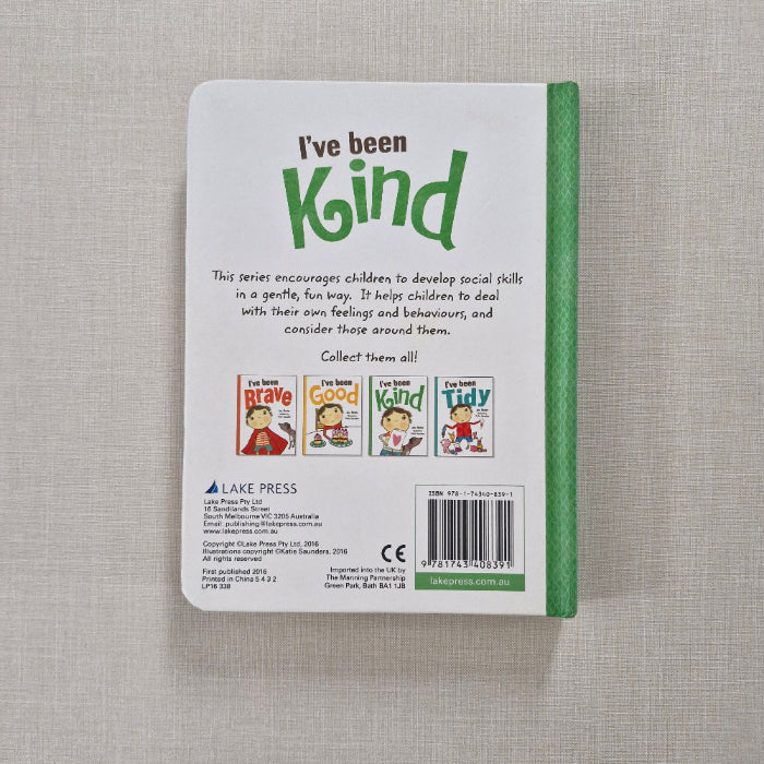 Back cover of a children's book titled 'I've been Kind' on a textured gray surface.