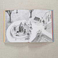 Illustrated book page with black and white drawings of people and objects on a textured gray background