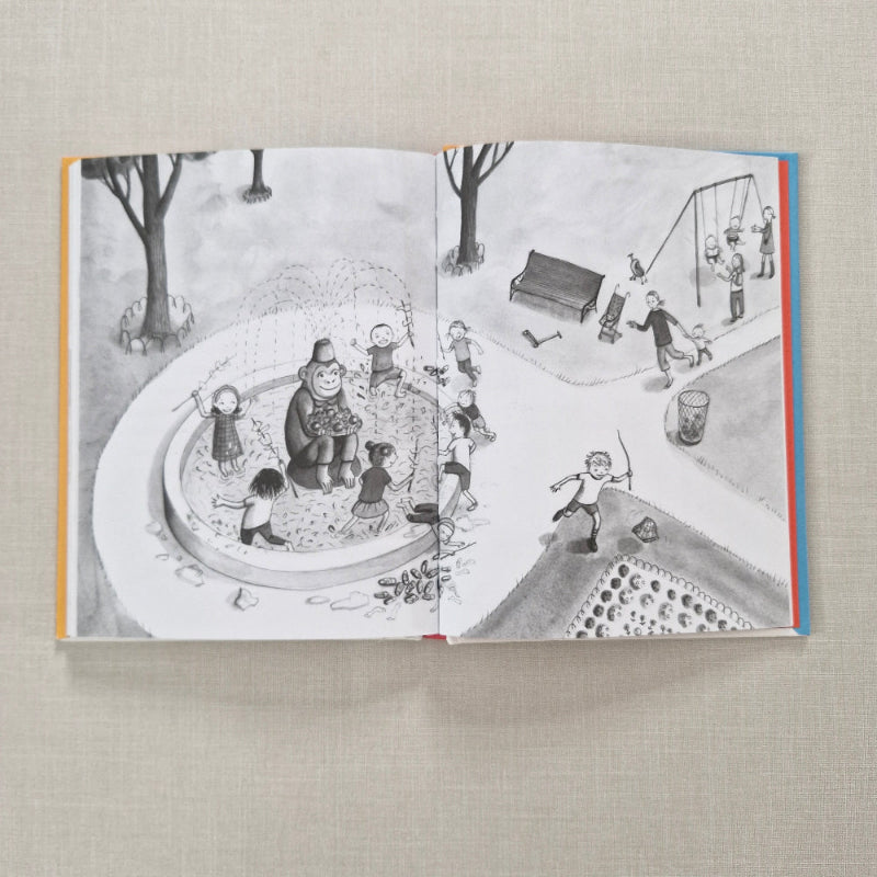 Illustrated book page with black and white drawings of people and objects on a textured gray background