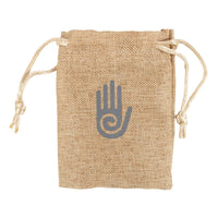 natural jute drawstring storage bag with a hand symbol on it, on a white background