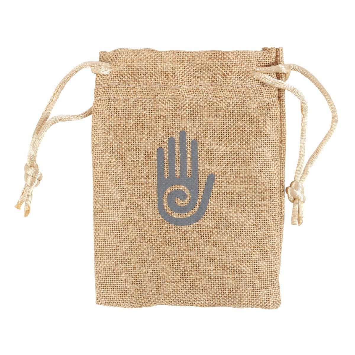 natural jute drawstring storage bag with a hand symbol on it, on a white background