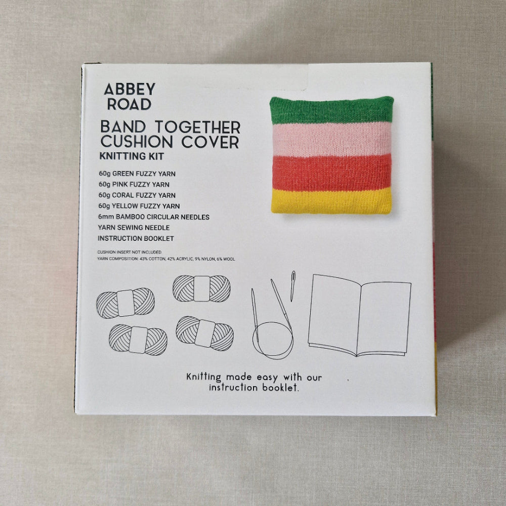 Box for Abbey Road Band Together Cushion Cover knitting kit on a textured surface