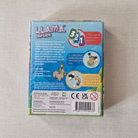 Back of a card game box titled 'Llama Card Game' on a beige surface