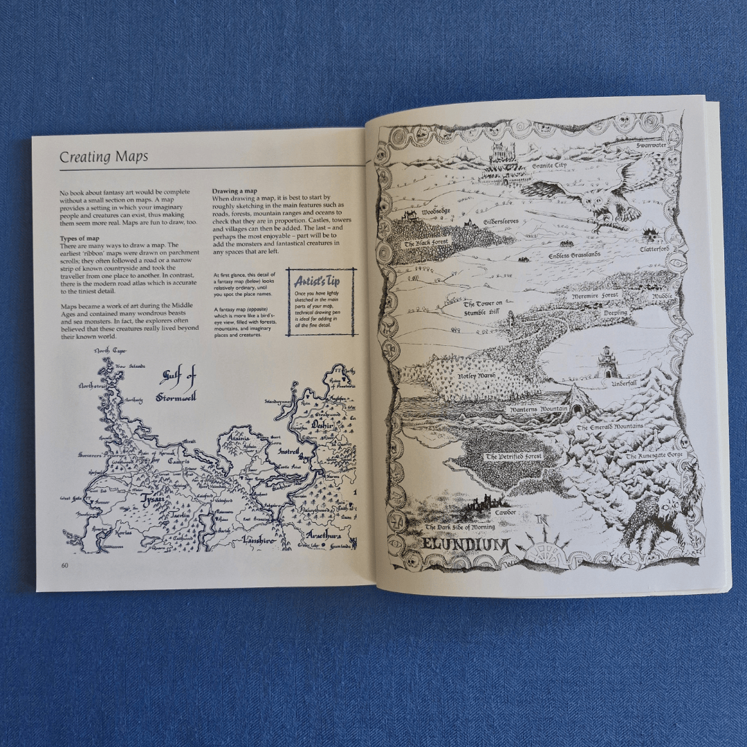 Open book with detailed maps on a blue background