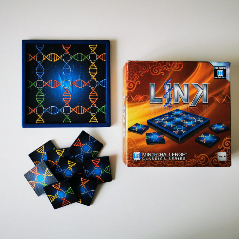 A board game called Link tiles mind challenge, featuring a play board with geometric patterns and eight colored tiles, displayed next to its box packaging.