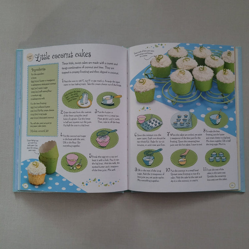 Open book with illustrations of coconut cakes on a gray background