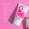 Noody skincare product with pink design on a pink background, listing ingredients it's free from.
