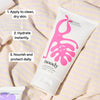 Noody lotion tube on a striped fabric background with usage instructions.