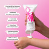 Hand applying noody cream to a wrist with pink background and ingredient list.