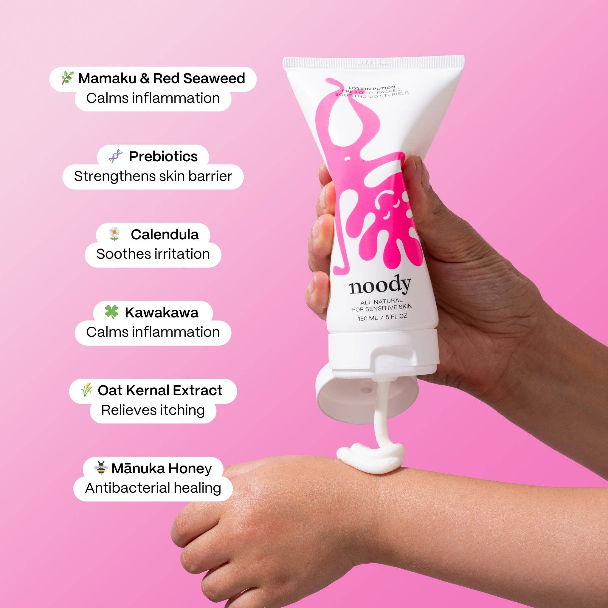 Hand applying noody cream to a wrist with pink background and ingredient list.