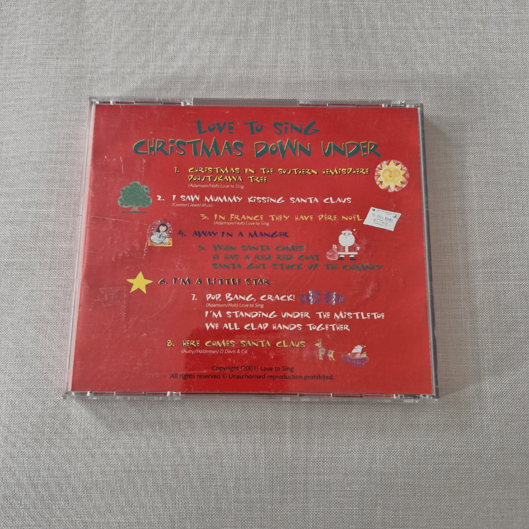 CD back cover with Christmas-themed text and graphics on a grey background