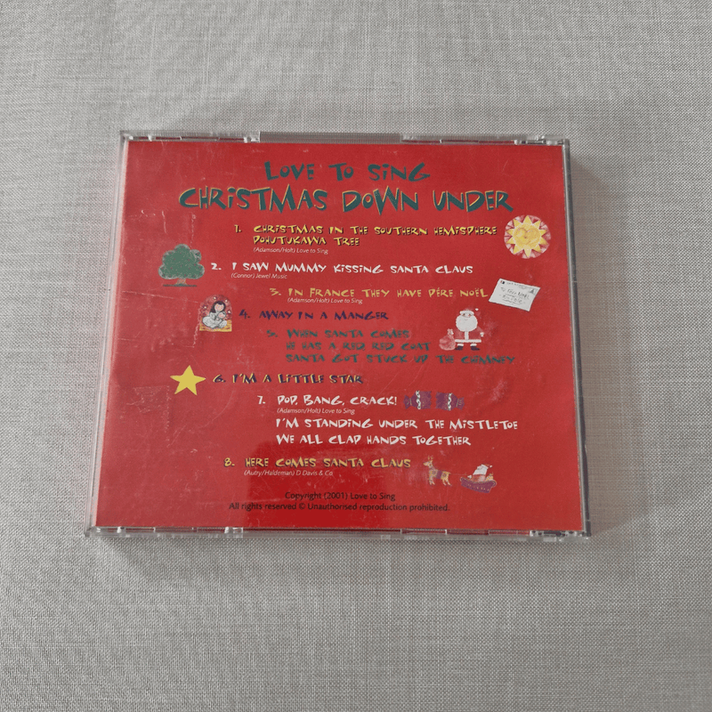 CD back cover with Christmas-themed text and graphics on a grey background