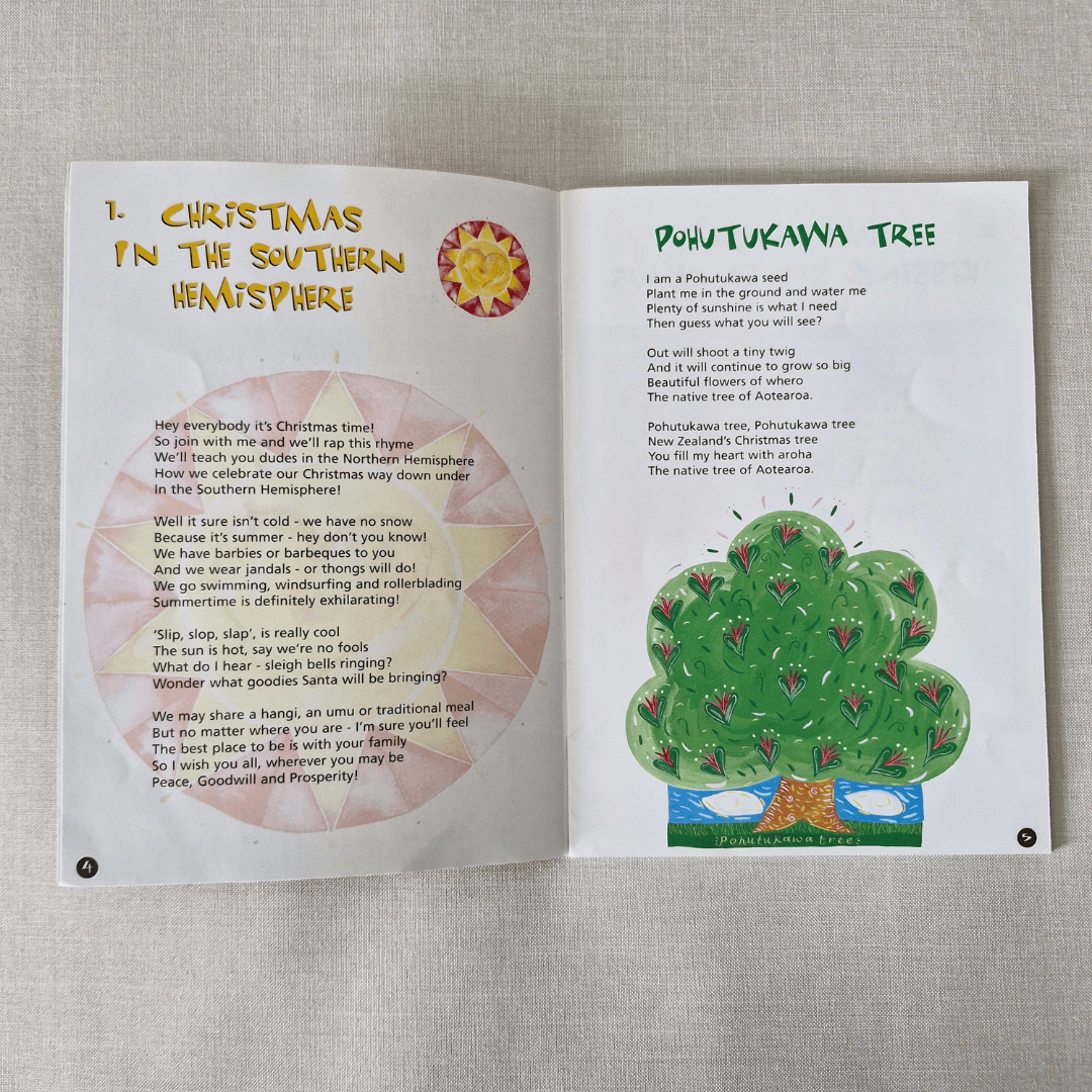 Open book with Christmas-themed pages on a textured surface