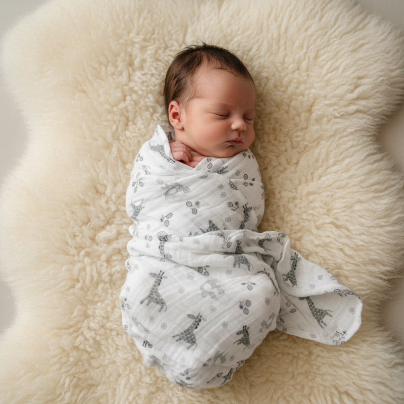 A baby wrapped in a swaddle blanket with African animals on it lying on a sheepskin rug