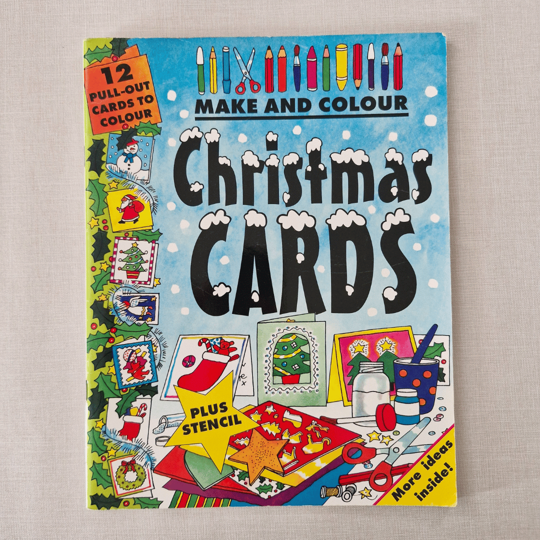 Book cover of 'Make and Colour Christmas Cards' with illustrations and text on a textured background