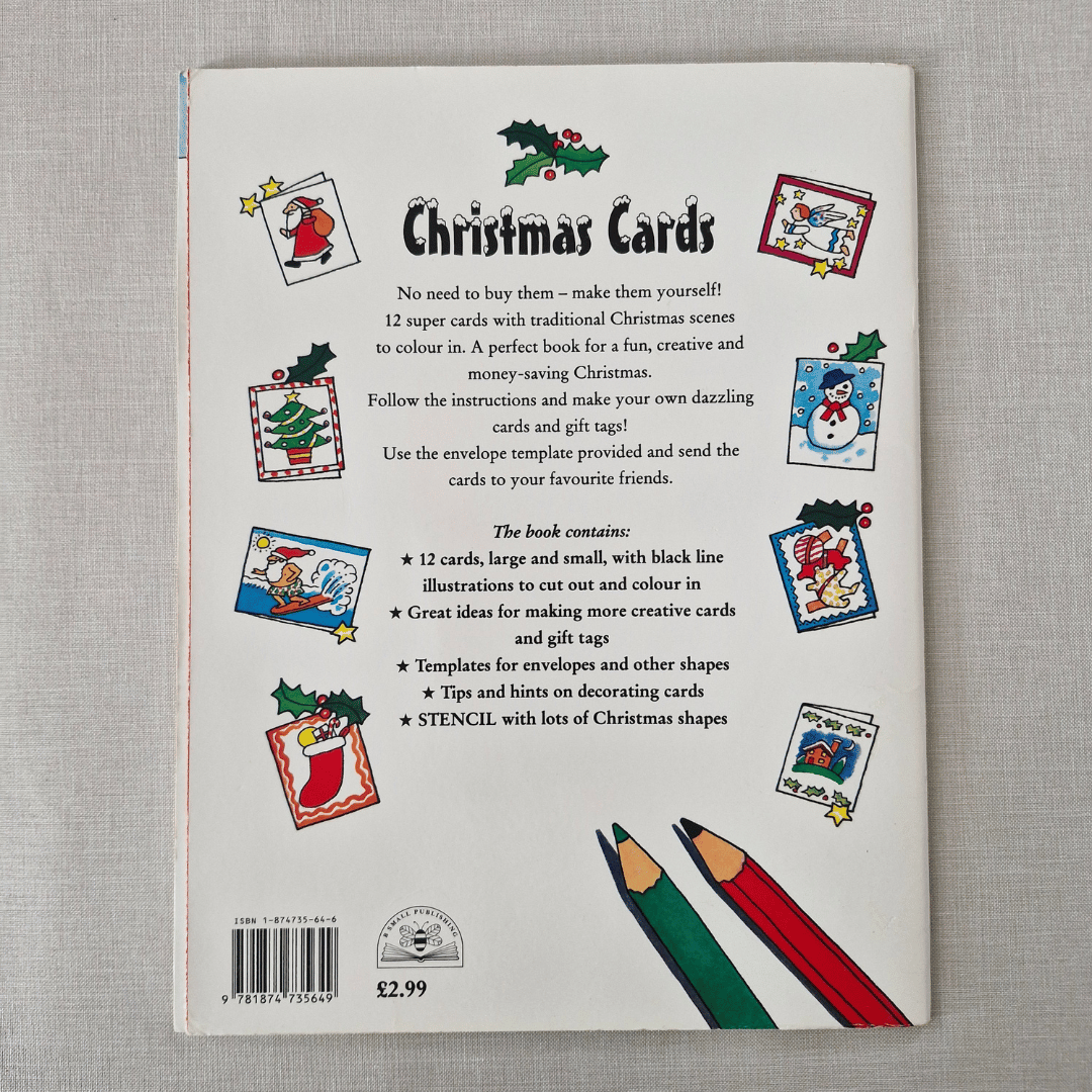 Back cover of a book titled 'Christmas Cards' with illustrations and text on a grey background