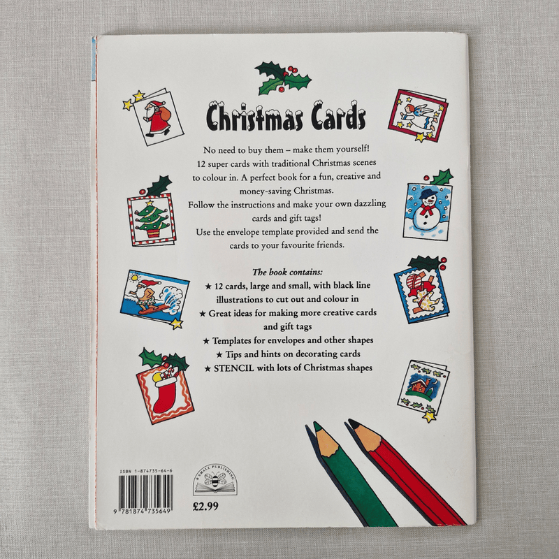 Back cover of a book titled 'Christmas Cards' with illustrations and text on a grey background