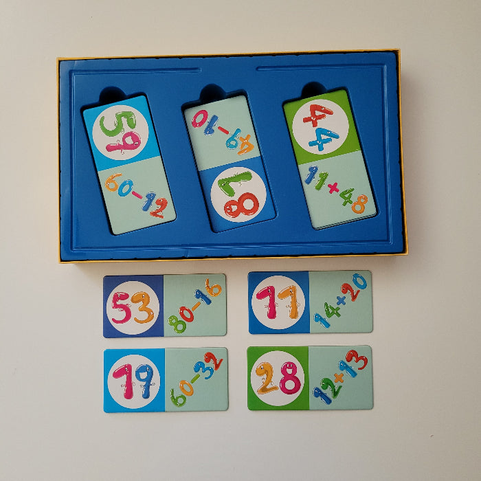 Educational math game with cards featuring numbers and equations on a white background